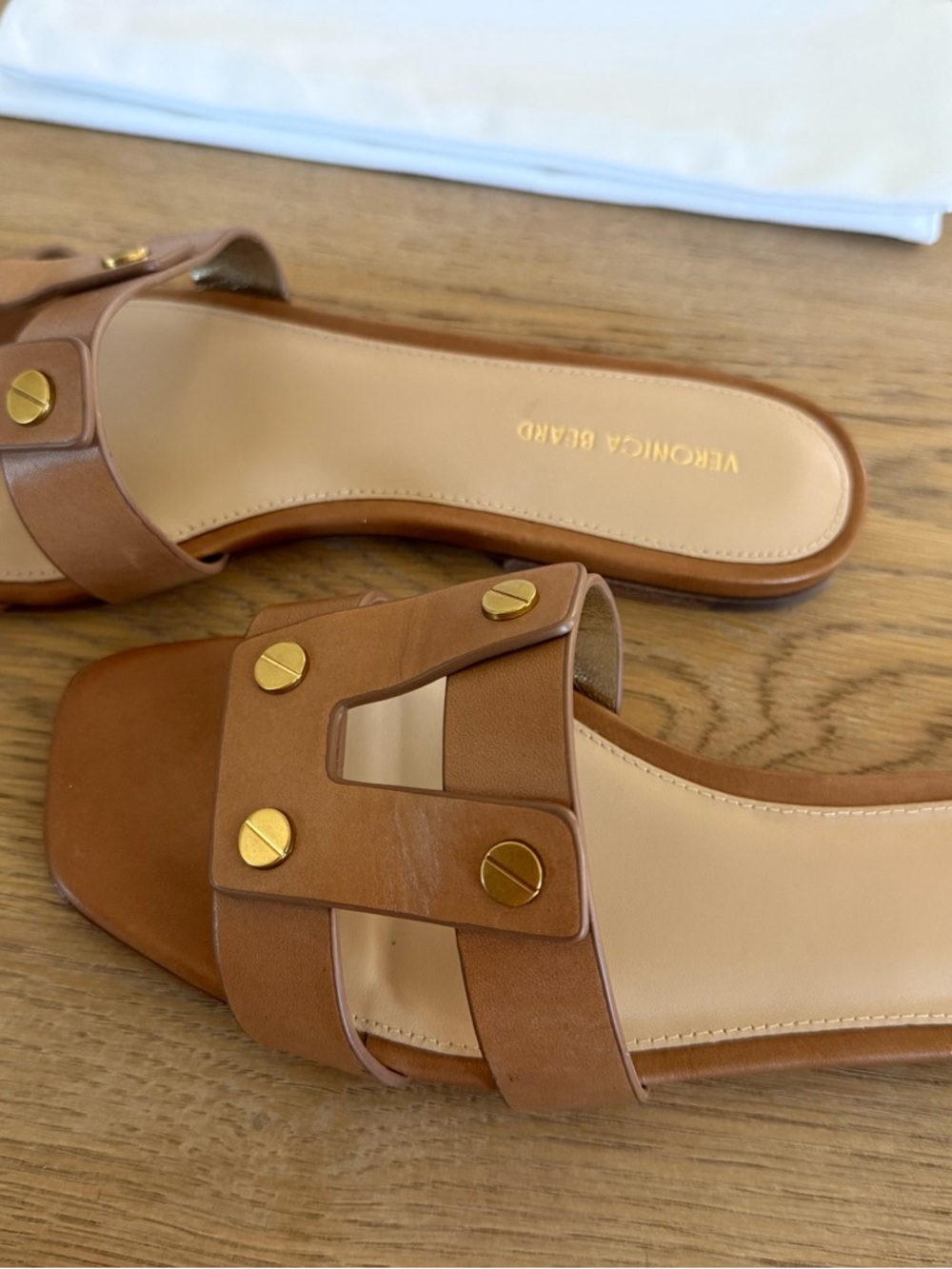 VERONICA BEARD Via Slide Leather Sandals Honey Tan Size 7.5 with Box Dust Bag - Picture 3 of 5